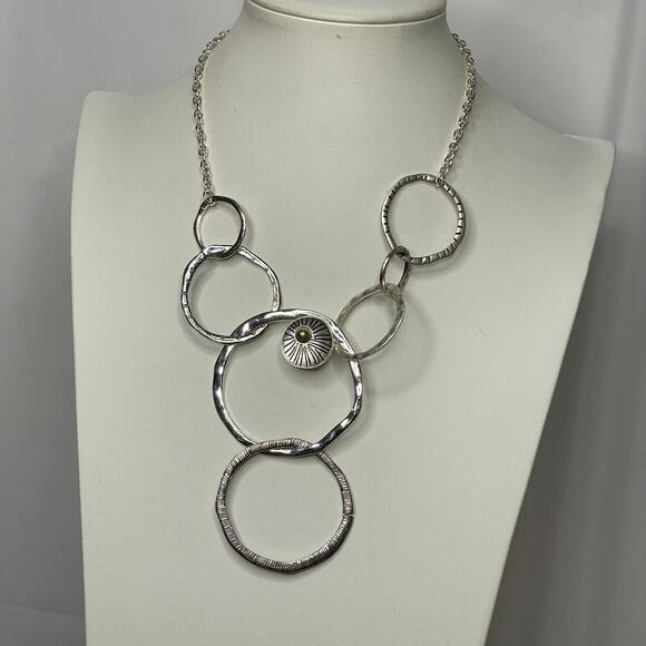 silver tone necklace chunky chain link hammered metal costume jewelry - Picture 1 of 13
